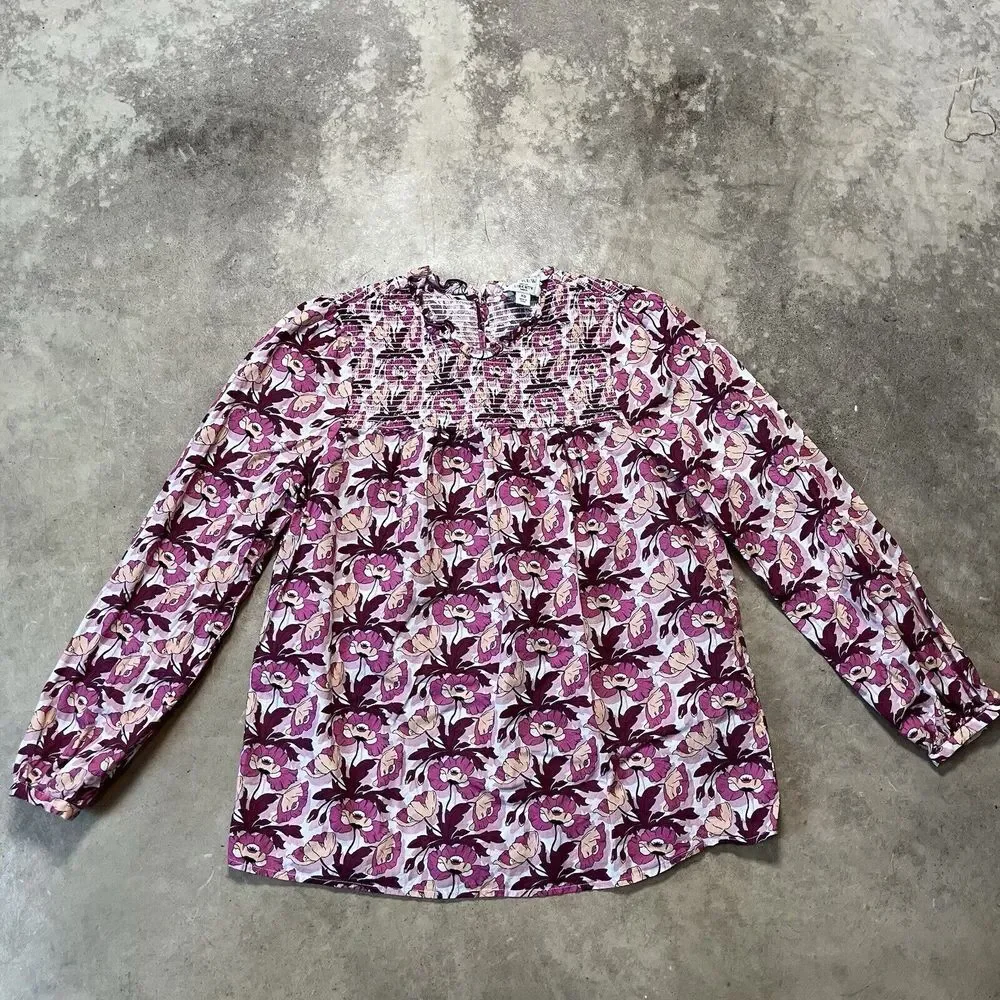 J.Crew Liberty Blouse Womens XS Smocked Button Back Top Bufferfield Poppy Preppy